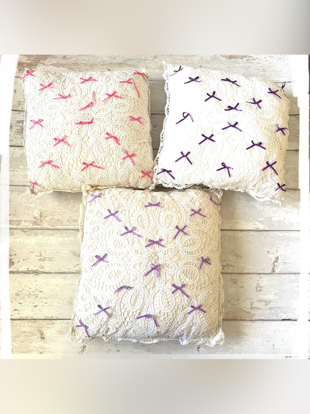 Throw Pillows Set of 3 Lace Fromt White With Ribbon Bows 15x15in Each